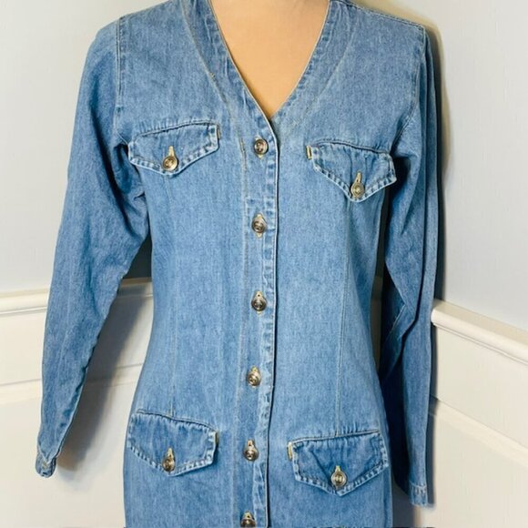 Vintage 90s Button-Up Denim Maxi Dress / Retro 90s Lead Front Button XS/S - Picture 2 of 7